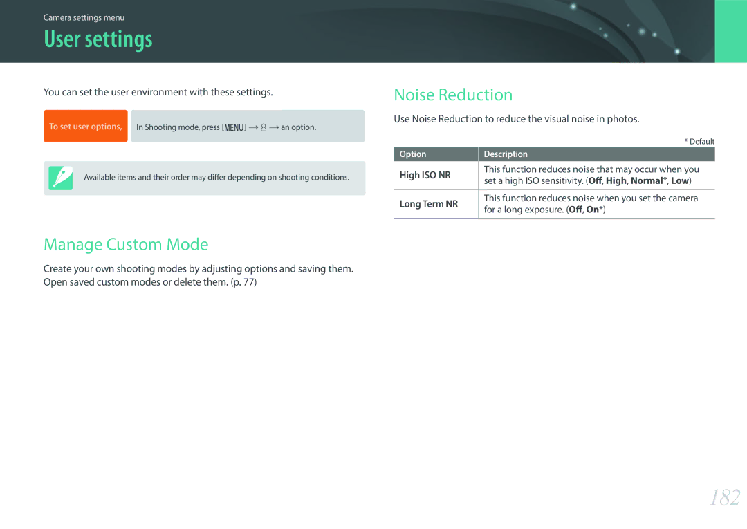 Samsung NX1 user manual User settings, 182, Manage Custom Mode, Noise Reduction 