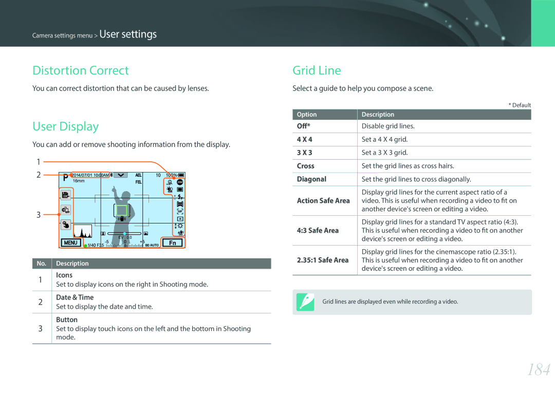 Samsung NX1 user manual 184, Distortion Correct, User Display, Grid Line 