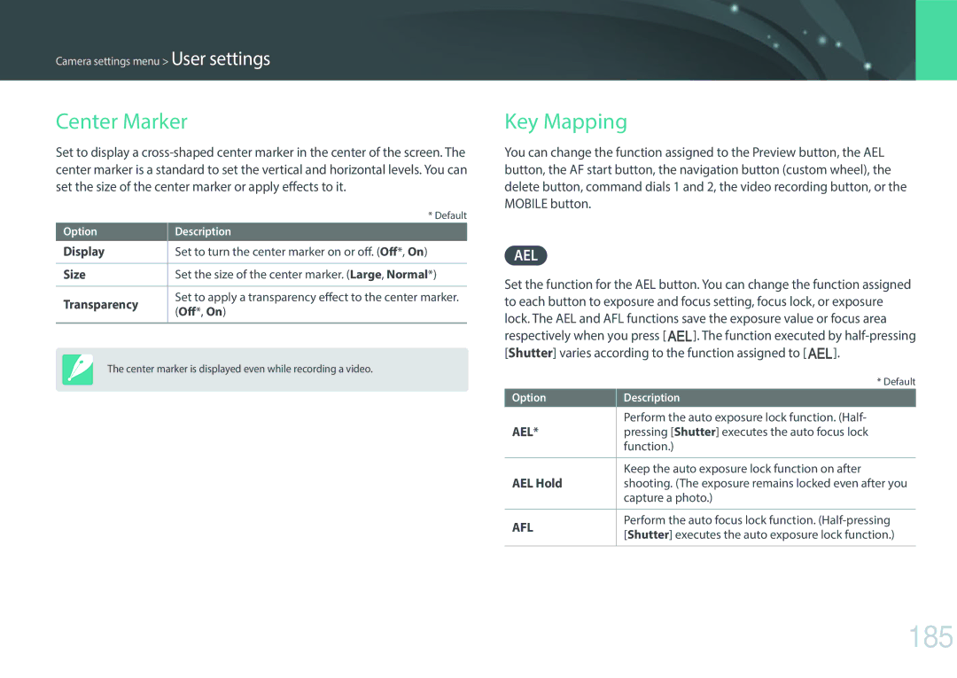 Samsung NX1 user manual 185, Center Marker, Key Mapping 