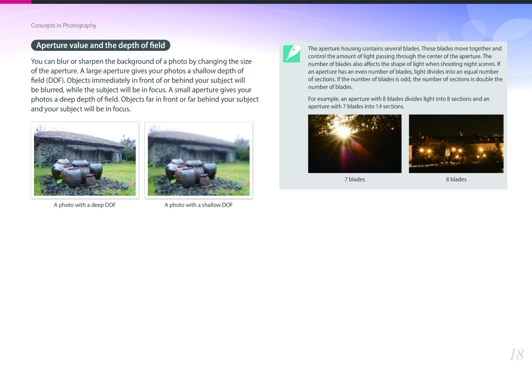 Samsung NX1 user manual Aperture value and the depth of field 