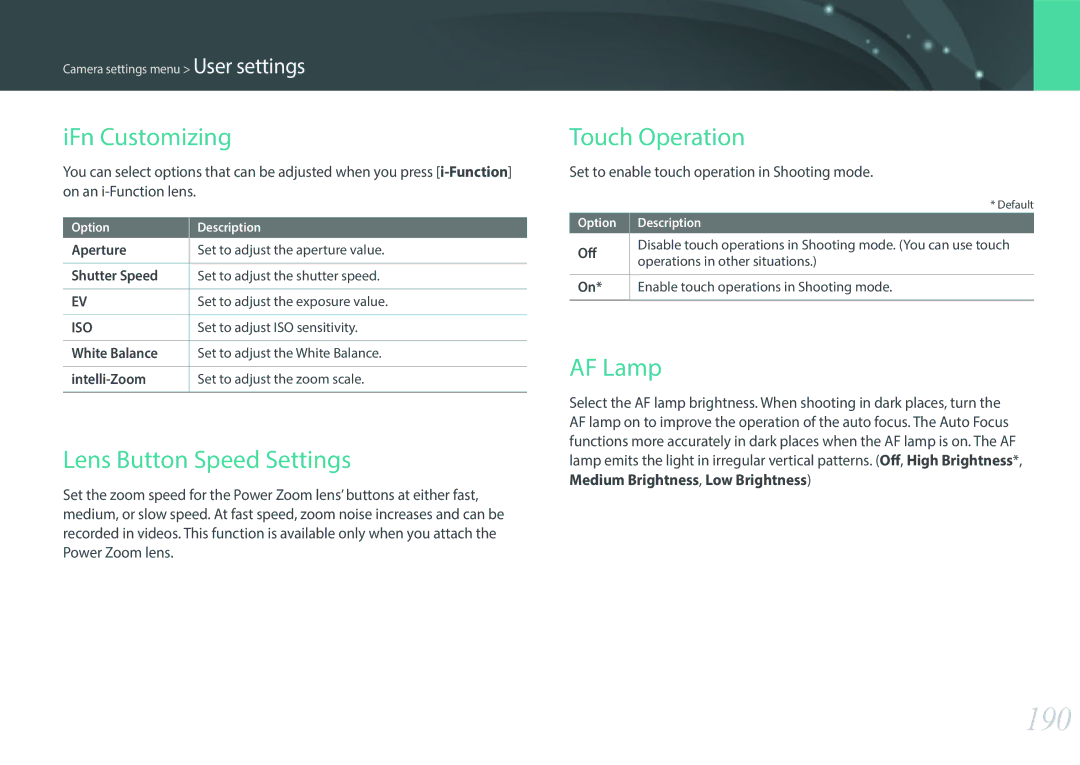 Samsung NX1 user manual 190, IFn Customizing, Lens Button Speed Settings, Touch Operation, AF Lamp 