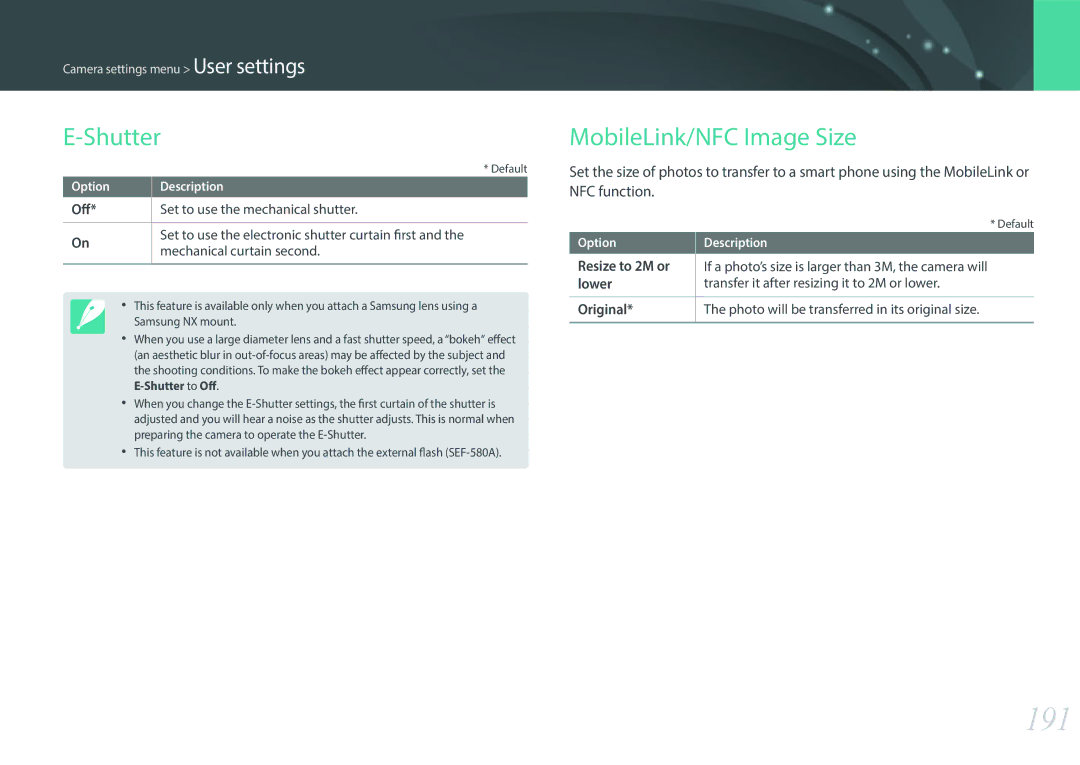 Samsung NX1 user manual 191, Shutter, MobileLink/NFC Image Size 