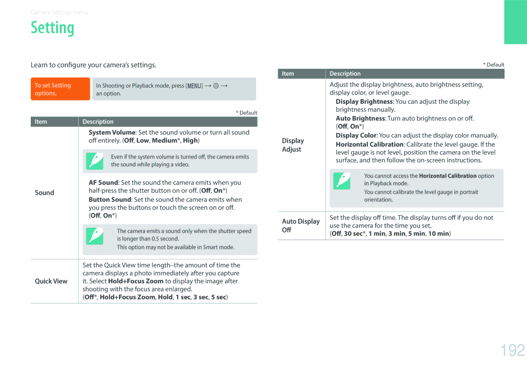 Samsung NX1 user manual Setting, 192, Learn to configure your camera’s settings 