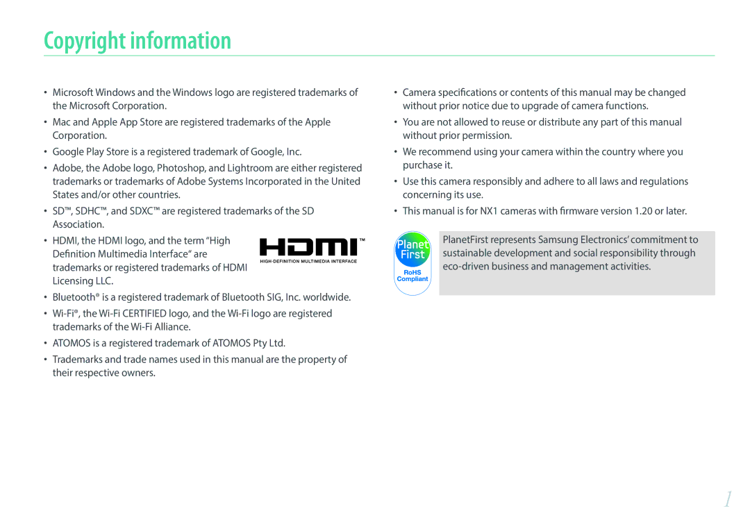 Samsung NX1 user manual Copyright information 