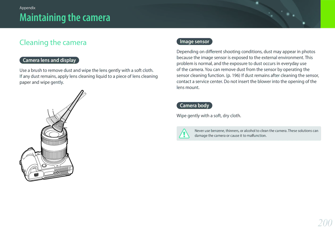 Samsung NX1 user manual Maintaining the camera, 200, Cleaning the camera 