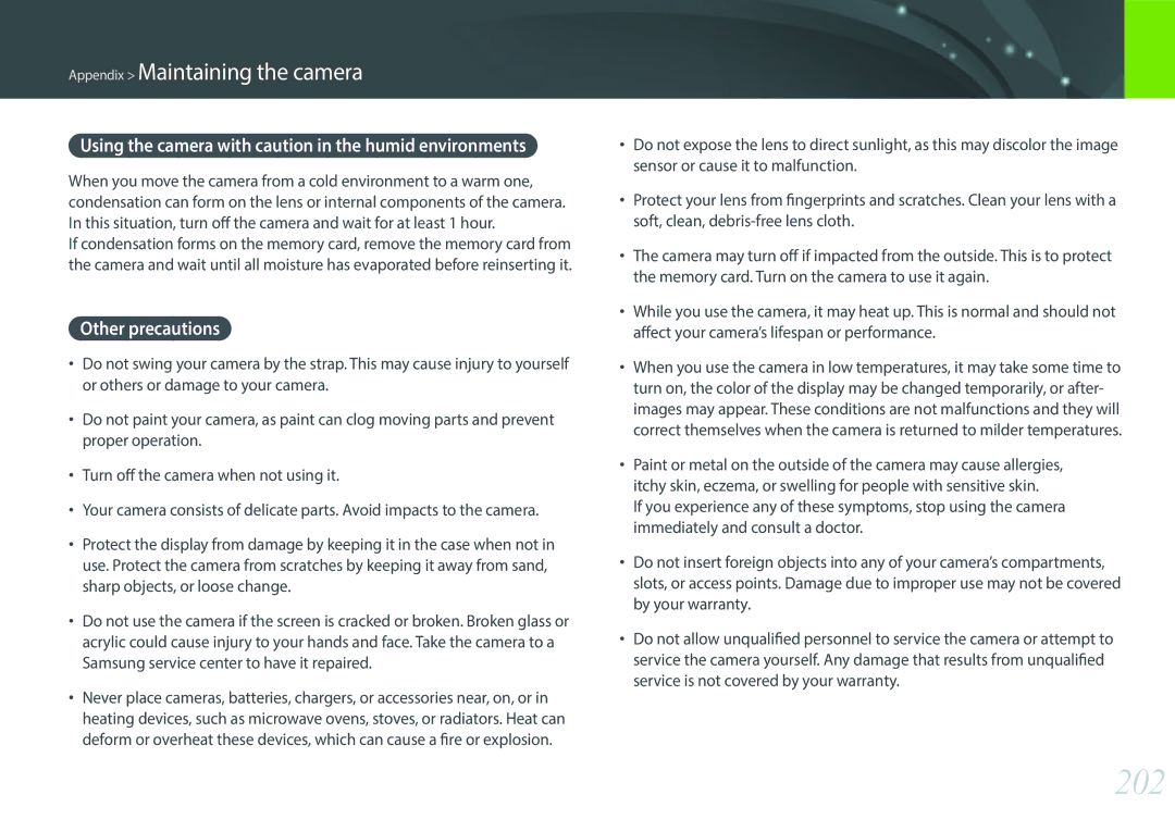 Samsung NX1 user manual 202, Using the camera with caution in the humid environments, Other precautions 