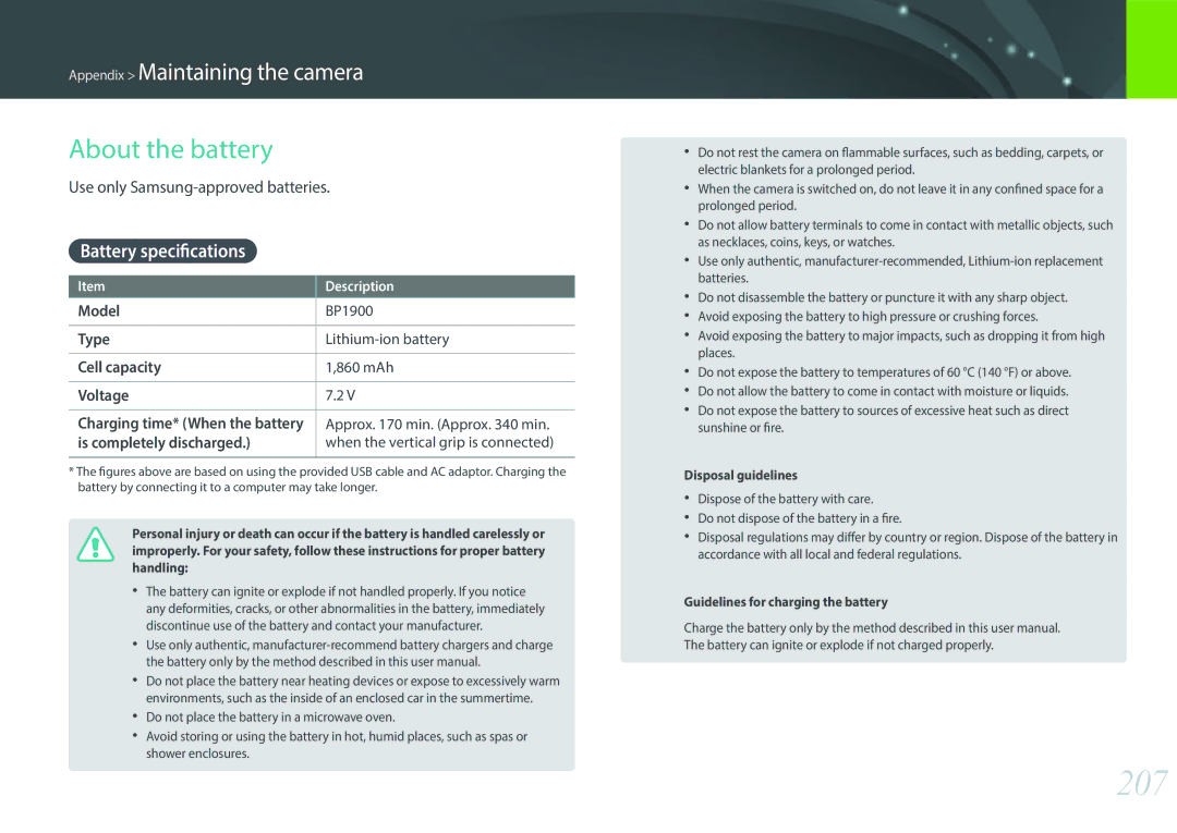 Samsung NX1 user manual 207, About the battery, Battery specifications, Use only Samsung-approved batteries 