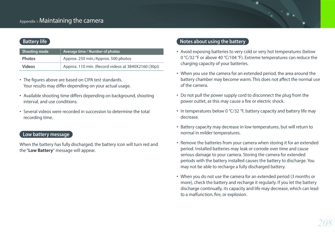 Samsung NX1 user manual 208, Battery life, Low battery message, Photos Approx min./Approx photos Videos 