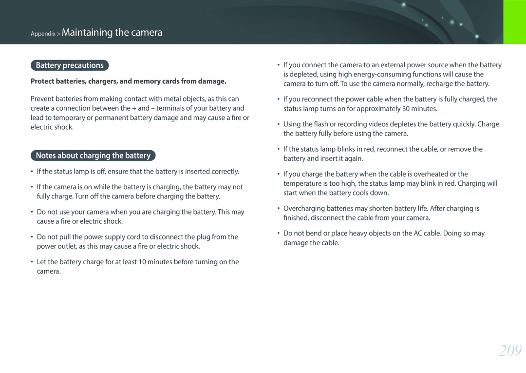 Samsung NX1 user manual 209, Battery precautions 