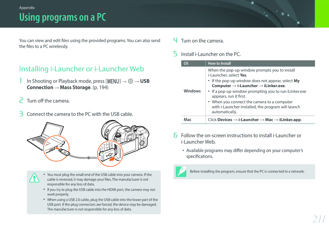 Samsung NX1 user manual Using programs on a PC, 211, Installing i-Launcher or i-Launcher Web 