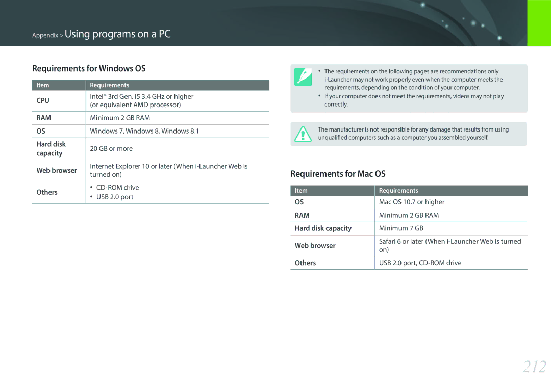 Samsung NX1 user manual 212, Requirements for Windows OS, Requirements for Mac OS 