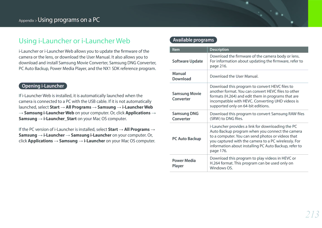 Samsung NX1 user manual 213, Using i-Launcher or i-Launcher Web, Opening i-Launcher, Available programs 