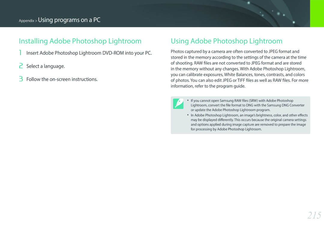 Samsung NX1 user manual 215, Installing Adobe Photoshop Lightroom, Using Adobe Photoshop Lightroom 