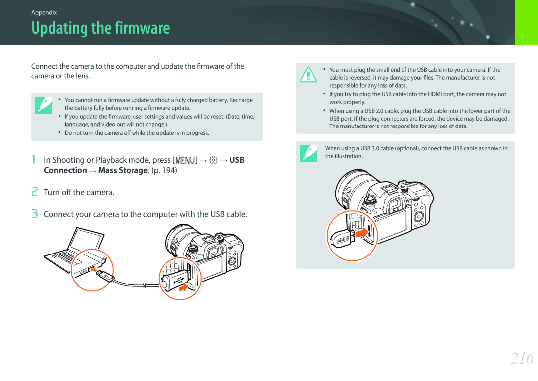 Samsung NX1 user manual Updating the firmware, 216 