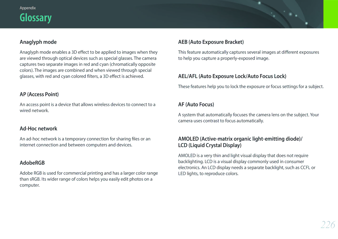 Samsung NX1 user manual Glossary, 226 