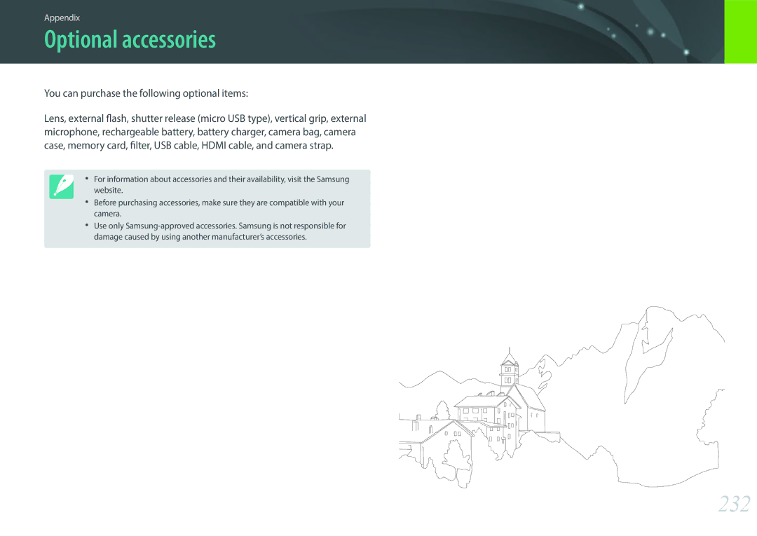 Samsung NX1 user manual Optional accessories, 232, You can purchase the following optional items 