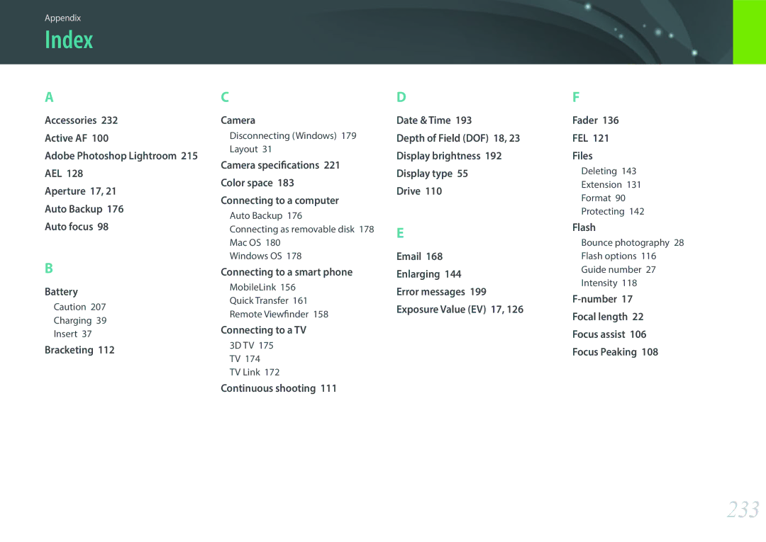 Samsung NX1 user manual Index, 233 