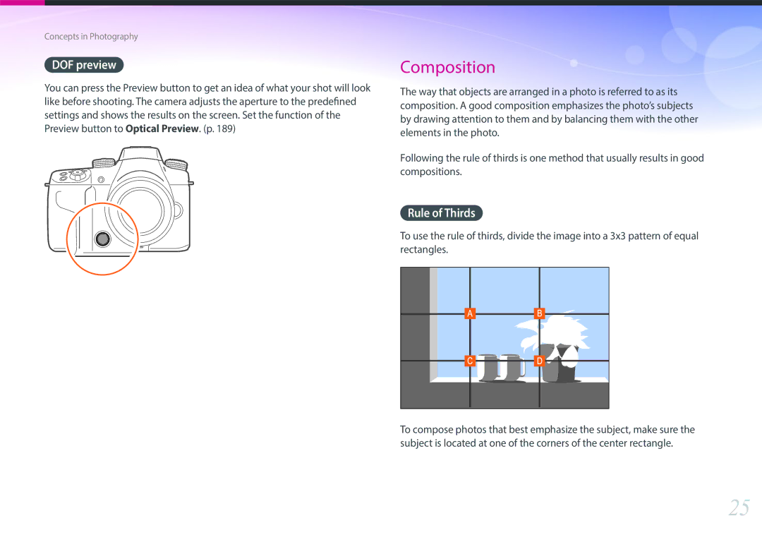 Samsung NX1 user manual DOF preview, Rule of Thirds 