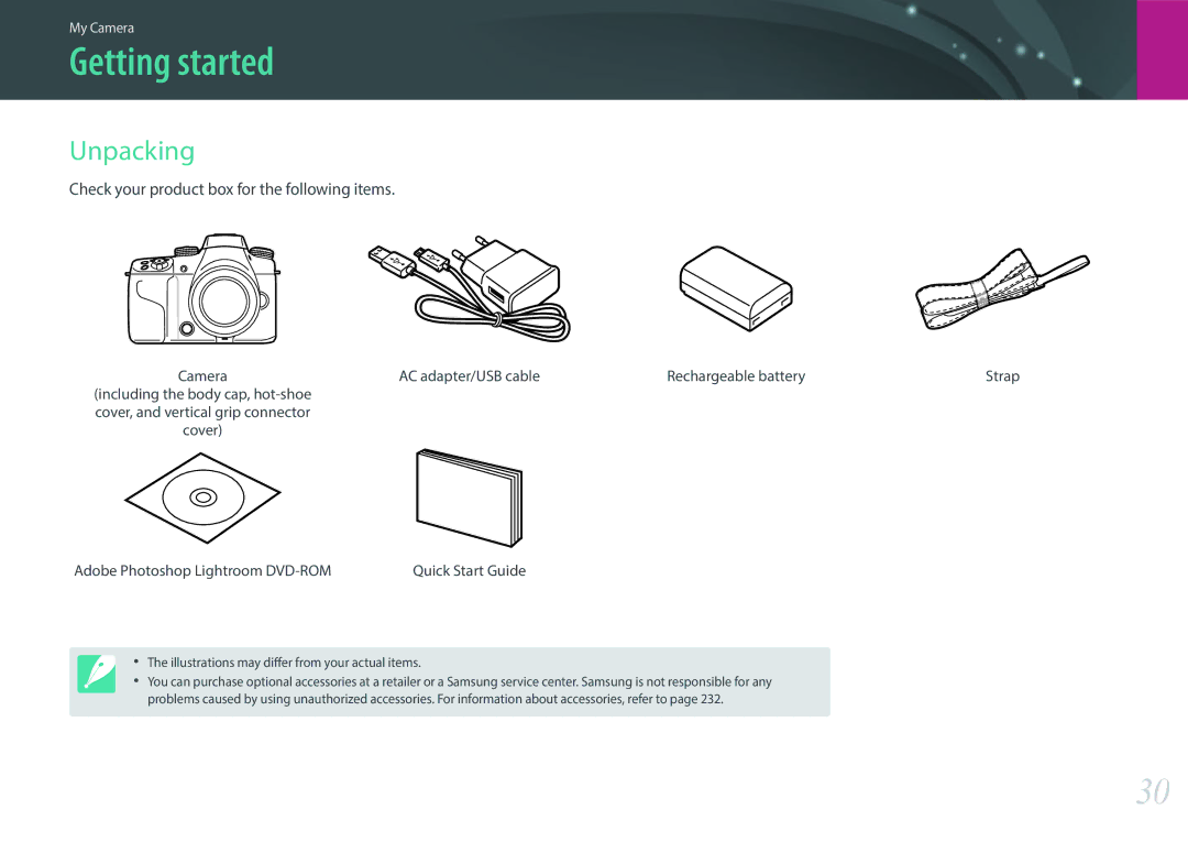 Samsung NX1 Getting started, Unpacking, Check your product box for the following items, Adobe Photoshop Lightroom DVD-ROM 