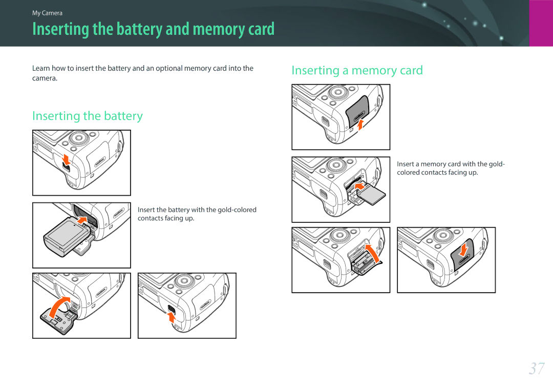 Samsung NX1 user manual Inserting the battery and memory card, Inserting a memory card Inserting the battery 