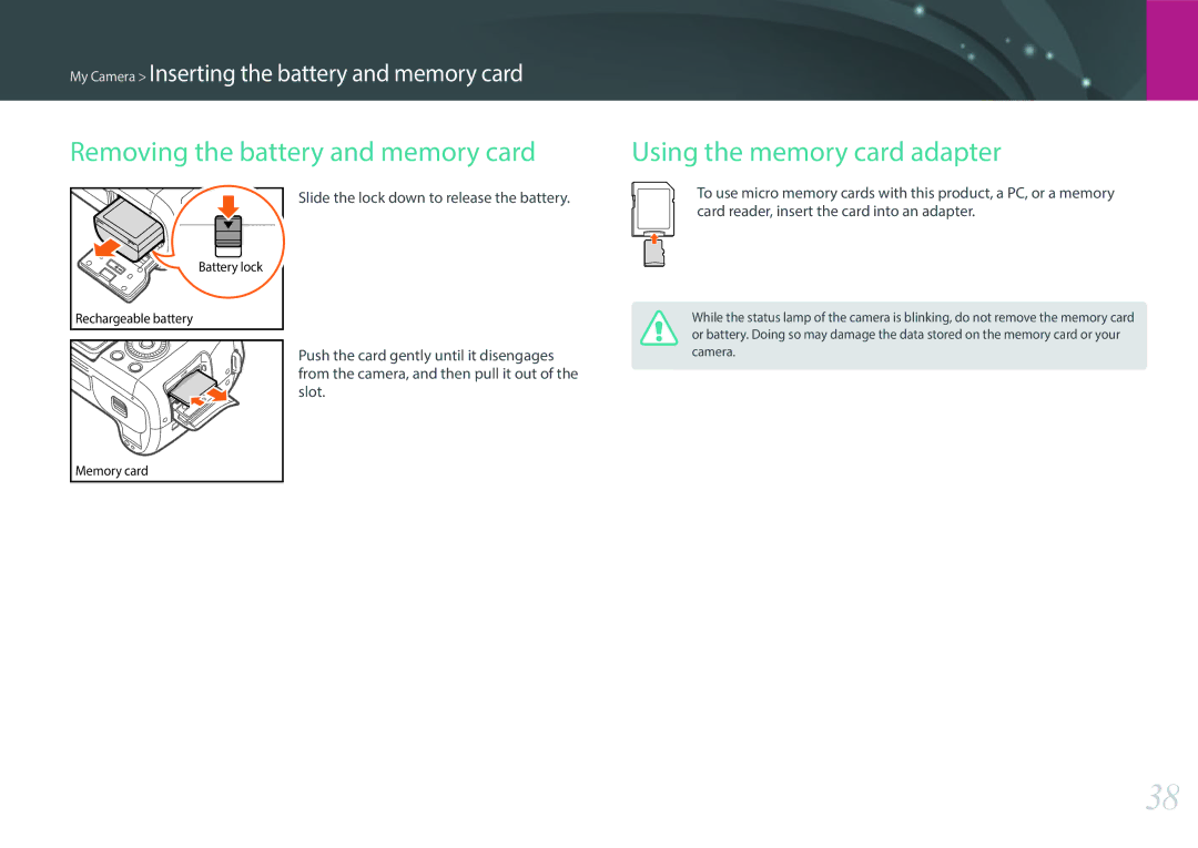 Samsung NX1 user manual Removing the battery and memory card, Using the memory card adapter 