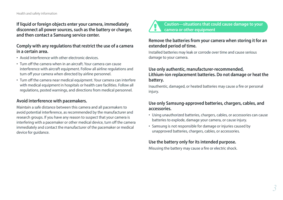 Samsung NX1 Avoid interference with pacemakers, Use the battery only for its intended purpose, Camera or other equipment 