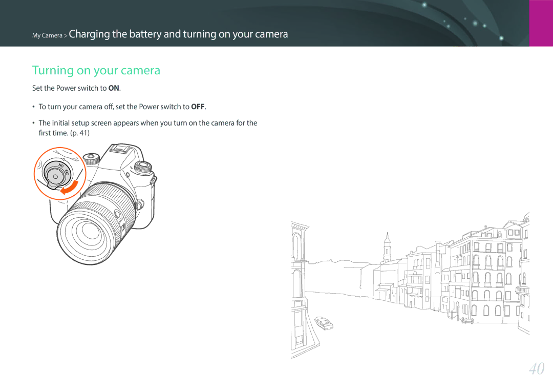 Samsung NX1 user manual Turning on your camera 