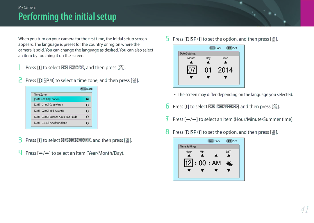 Samsung NX1 user manual Performing the initial setup 