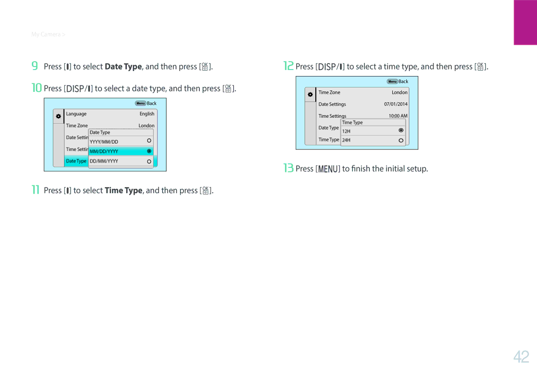 Samsung NX1 user manual My Camera Performing the initial setup, Press m to finish the initial setup 