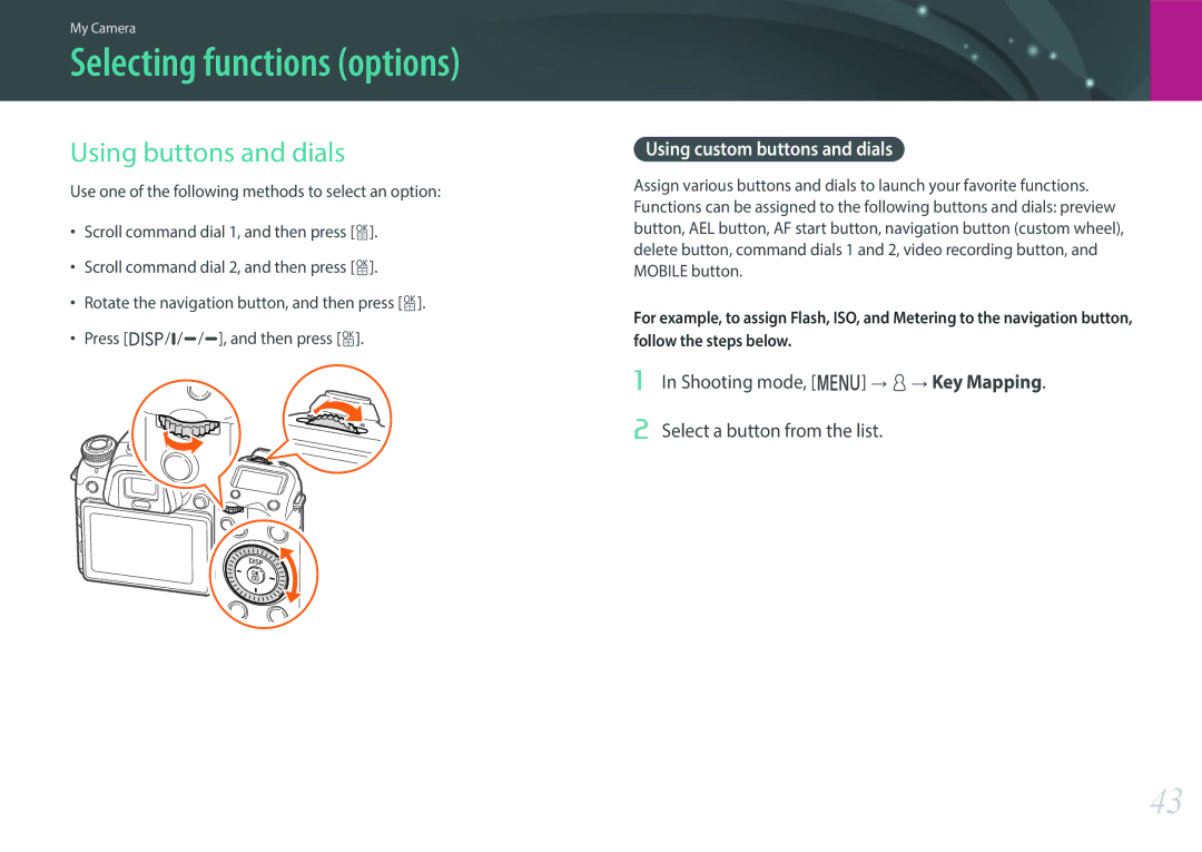 Samsung NX1 user manual Selecting functions options, Using buttons and dials, Using custom buttons and dials 