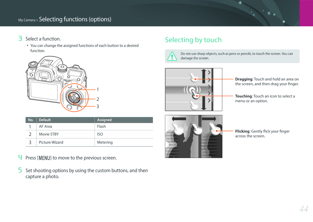 Samsung NX1 user manual Selecting by touch, Select a function, AF Area Flash Movie Stby, Picture Wizard Metering 