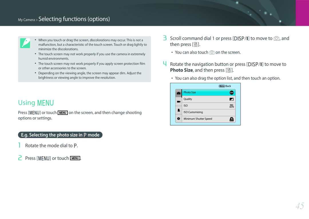 Samsung NX1 user manual Using m, Selecting the photo size in Pmode, Press m or touch, Options or settings 