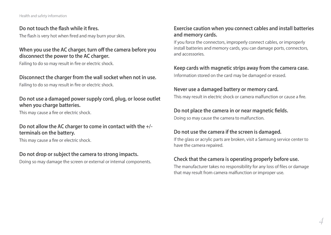 Samsung NX1 user manual Do not touch the flash while it fires, Do not drop or subject the camera to strong impacts 