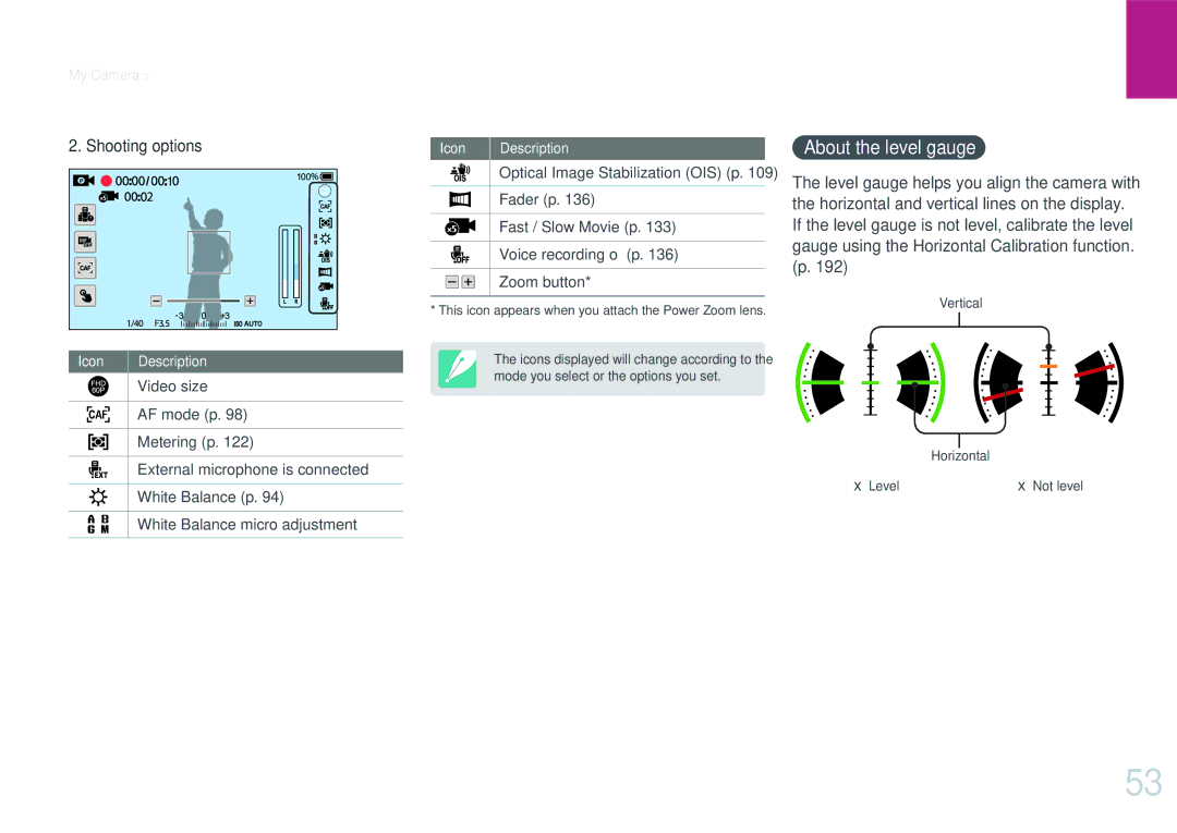 Samsung NX1 user manual About the level gauge 