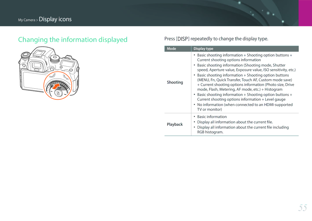 Samsung NX1 Changing the information displayed, Press D repeatedly to change the display type, Shooting, Playback 