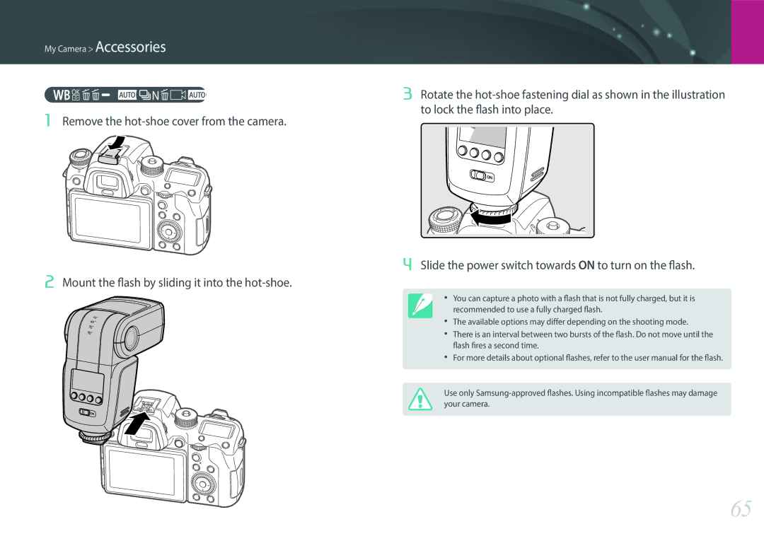 Samsung NX1 user manual Connecting the external flash 