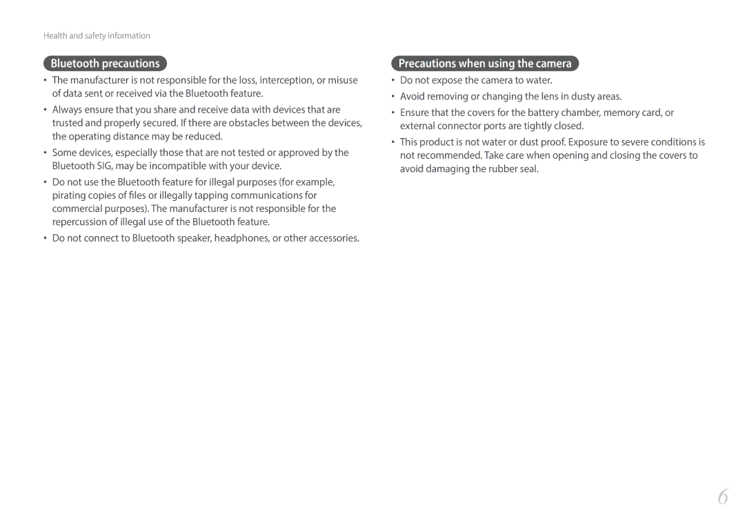 Samsung NX1 user manual Bluetooth precautions, Precautions when using the camera 