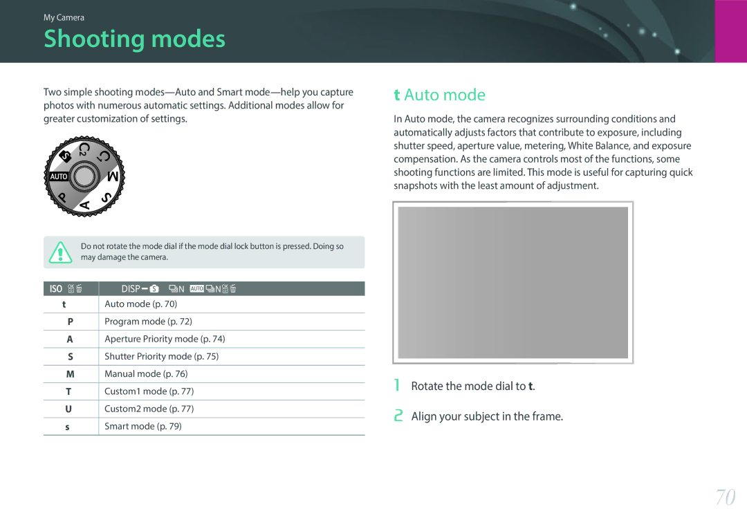 Samsung NX1 user manual Shooting modes, Auto mode, Rotate the mode dial to t Align your subject in the frame 