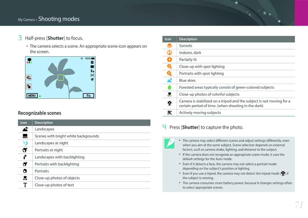 Samsung NX1 user manual Recognizable scenes, Half-press Shutter to focus, Press Shutter to capture the photo 