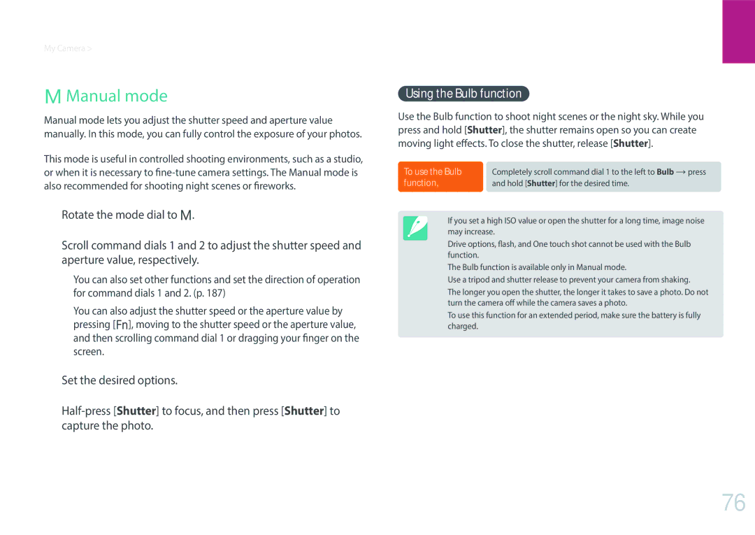 Samsung NX1 user manual Manual mode, Using the Bulb function 