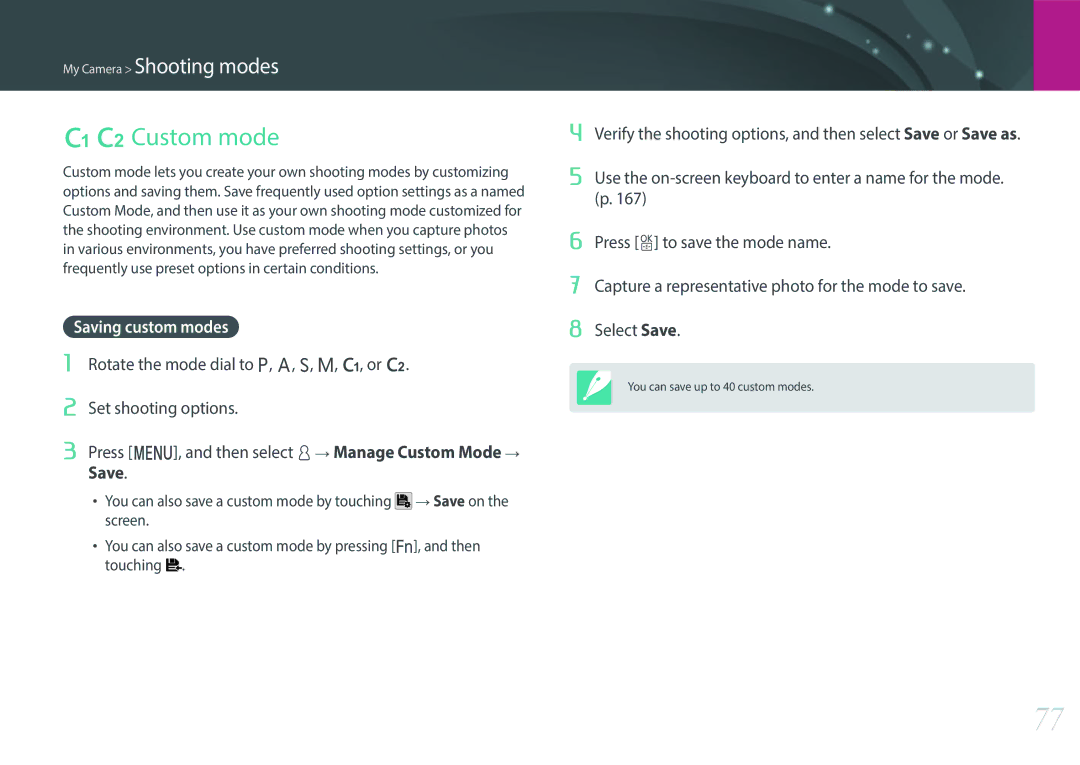 Samsung NX1 user manual Custom mode, Saving custom modes, You can also save a custom mode by touching 