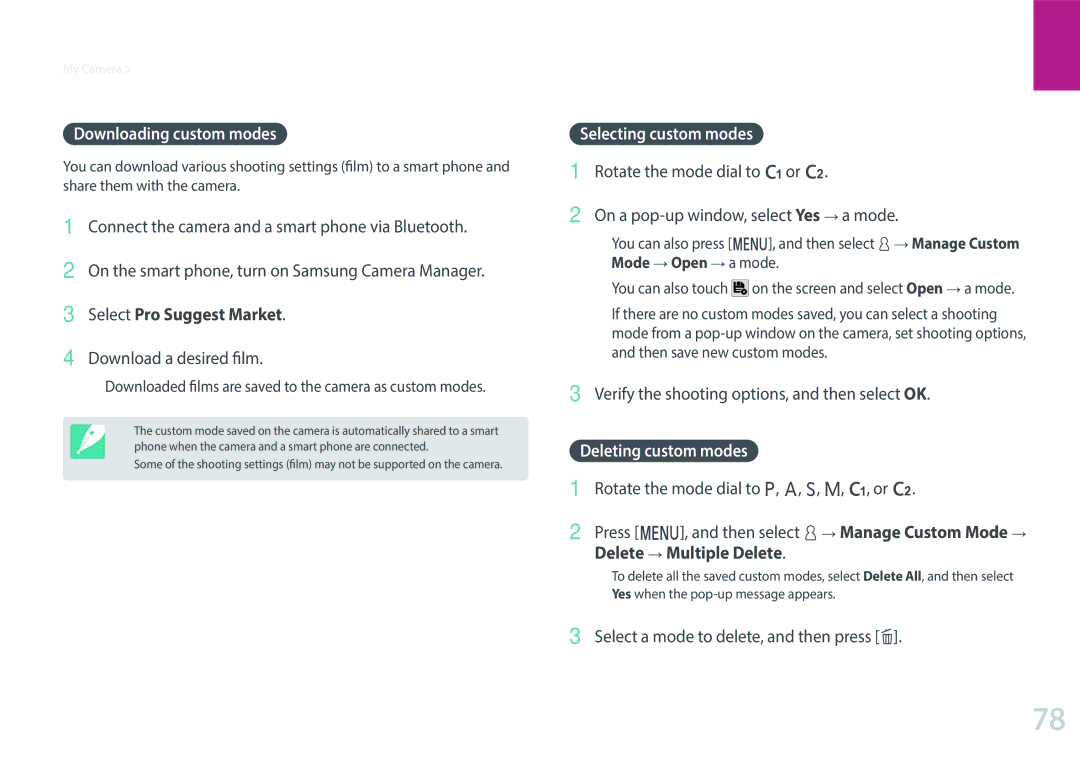 Samsung NX1 user manual Downloading custom modes, Selecting custom modes, Deleting custom modes 