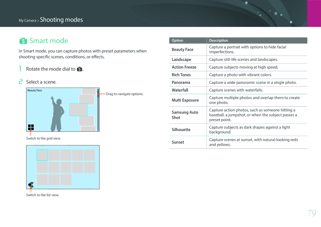 Samsung NX1 user manual Smart mode, Rotate the mode dial to s Select a scene 