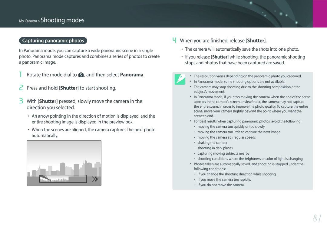 Samsung NX1 user manual Capturing panoramic photos, When you are finished, release Shutter 