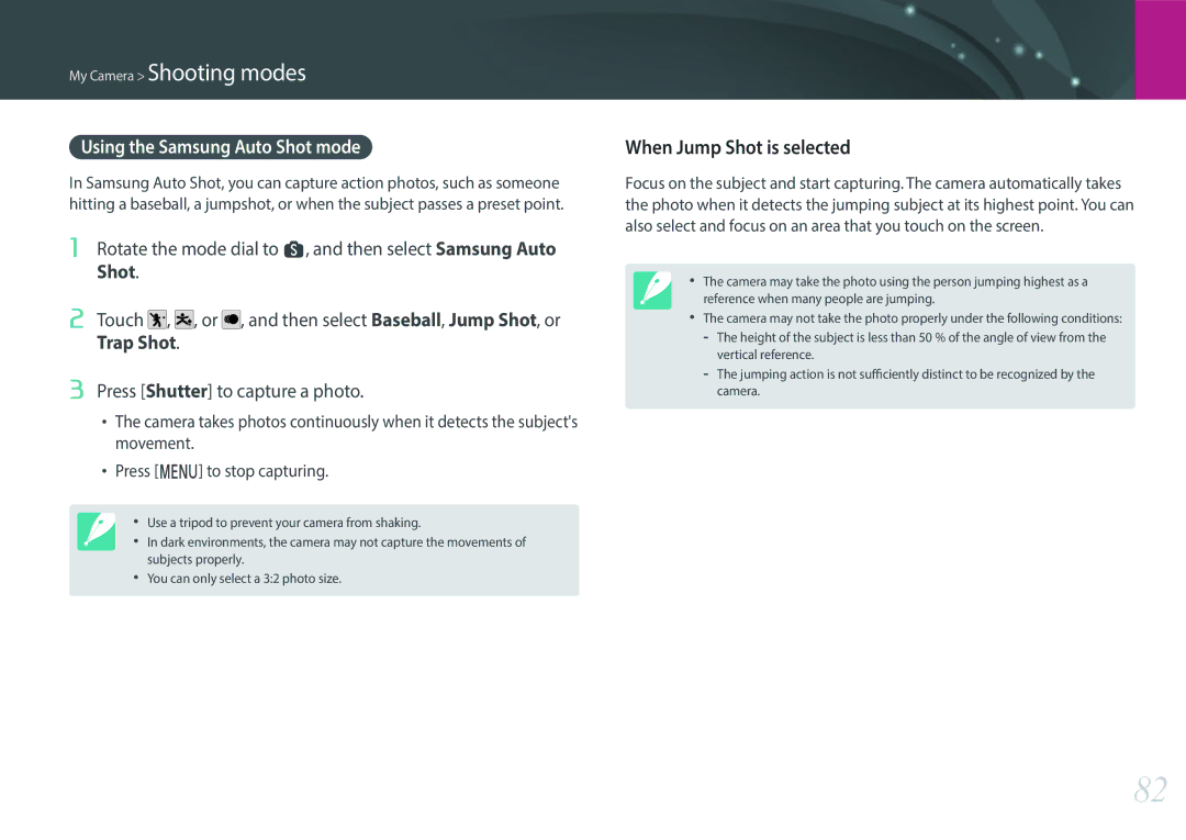 Samsung NX1 user manual When Jump Shot is selected, Using the Samsung Auto Shot mode 