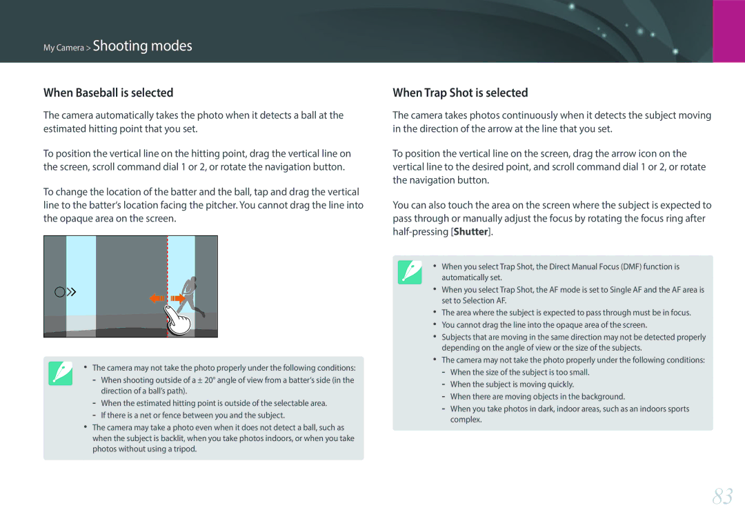 Samsung NX1 user manual When Baseball is selected, When Trap Shot is selected 