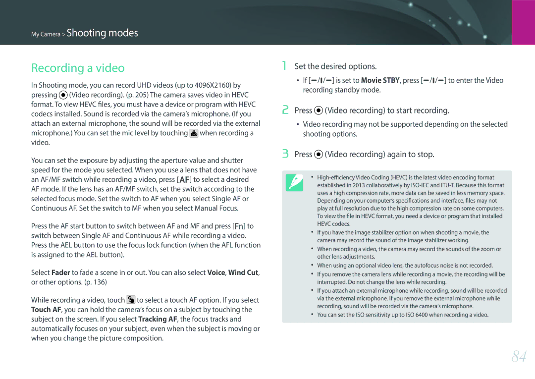 Samsung NX1 user manual Recording a video, Press Video recording to start recording, Press Video recording again to stop 