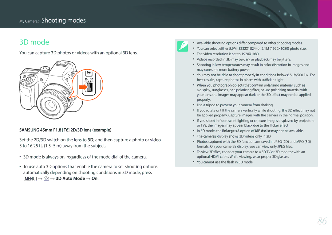 Samsung NX1 user manual 3D mode, You can capture 3D photos or videos with an optional 3D lens 