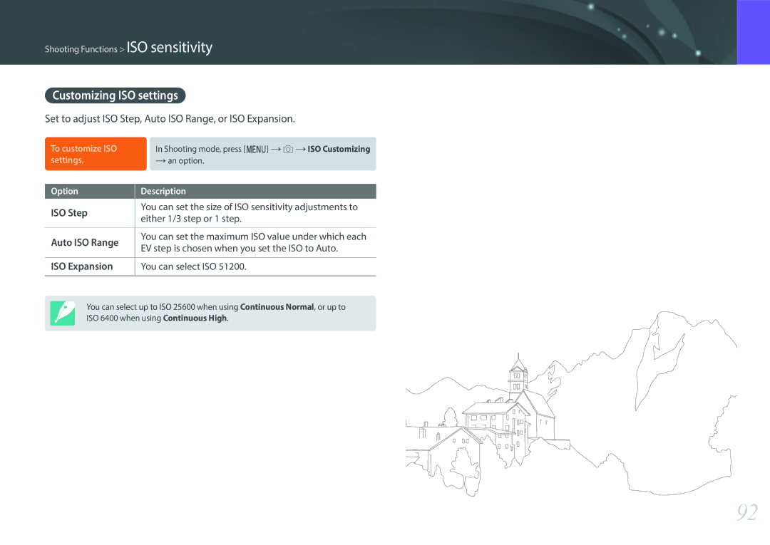 Samsung NX1 user manual Customizing ISO settings, Set to adjust ISO Step, Auto ISO Range, or ISO Expansion 