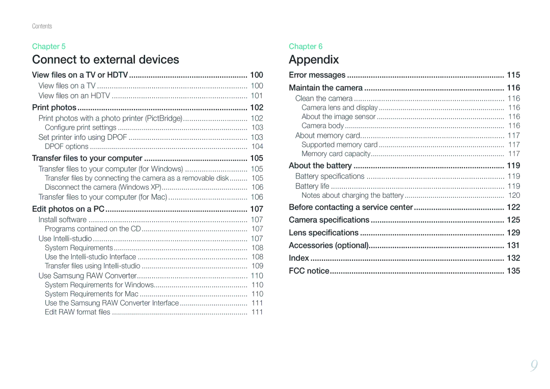 Samsung NX100 user manual 101, 102, 103, 105, 106, 107, 110, 116, 117, 119 